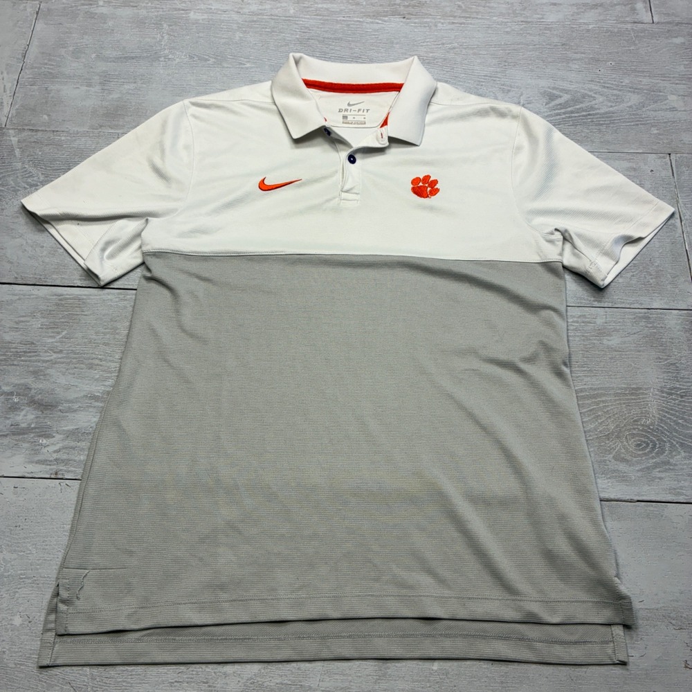 Nike Clemson Tigers Polo Mens Medium White Grey Dri-FIT On-Field Sideline Shirt